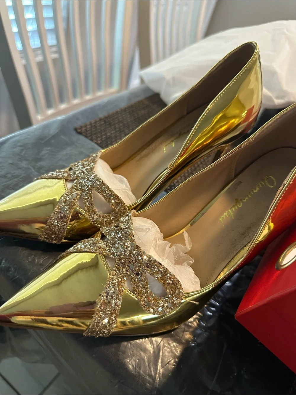 Gold Pointed-Toe Women's Flats with Glitter Bow